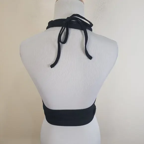 URBAN OUTFITTERS Valeria Halter Crop Top Size Small Black Shirt Strappy - Picture 8 of 12